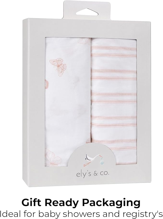 Ely's & Co. Pack and Play Sheets, for Mini/Portable Crib, 2 Pack Fitted Playpen Play Yard Sheet Set Compatible with Graco Pack n Play, for Baby Girls, 100% Cotton, 38”x24”x5” Pink Butterfly + Stripes