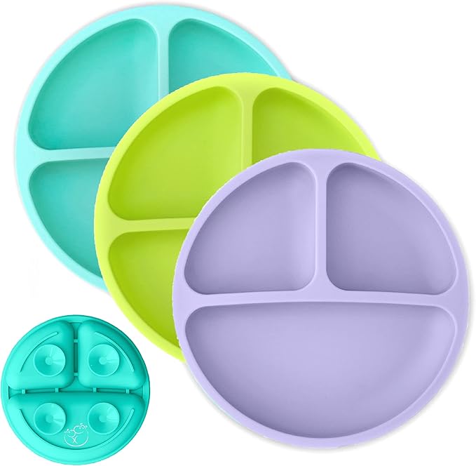 Hippypotamus Toddler Plates with Suction - Baby Plates - 100% Food-Grade Silicone Divided Plates - BPA Free - Dishwasher Safe - Set of 3 (Lavender/Lime/Teal)