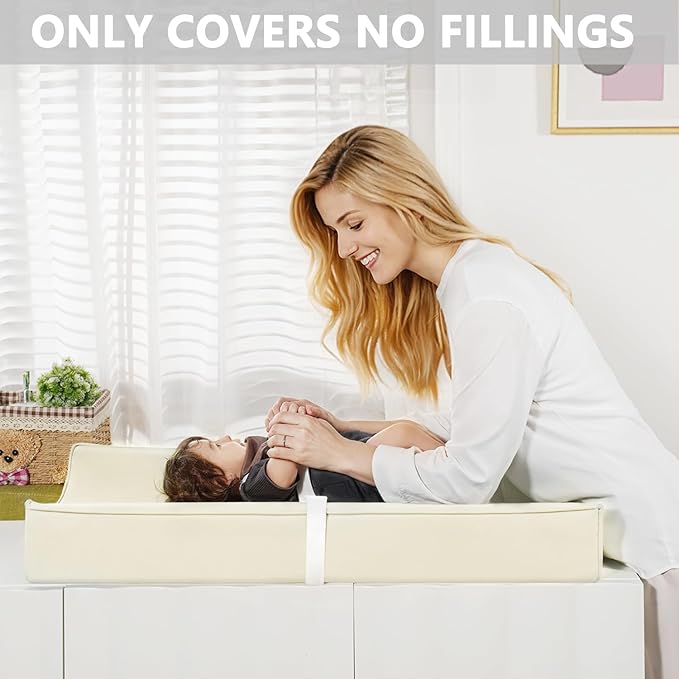 Vegan Leather Changing Pad Cover with Zipper - 31"X 16" - Waterproof Wipeable, Extra Thick & Portable & Non-Slip Diaper Mat - Fits Standard Changing Tables (Beige)