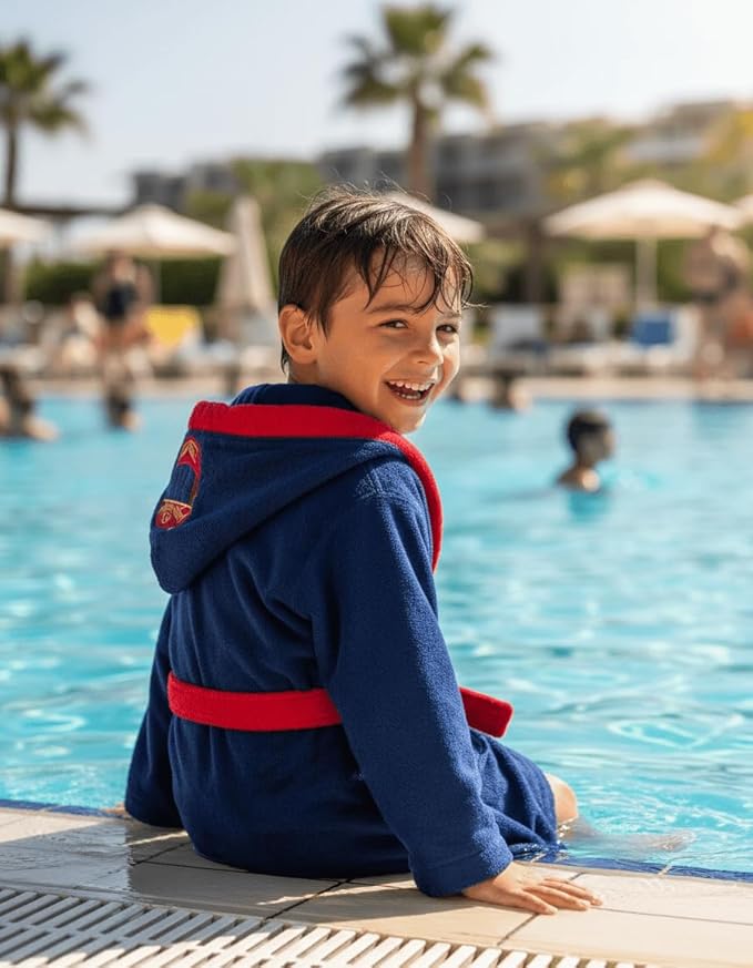 BAGNO MILANO Kids Organic Turkish Cotton Hooded Beach Cover-Up Towel, GOTS Certified, for Boys and Girls (Driver Navy, 3-4 Years)