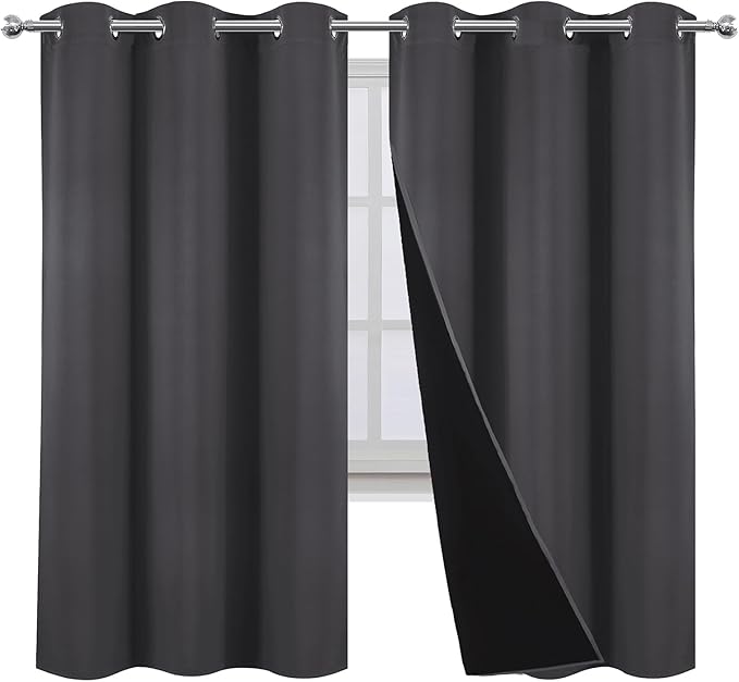 LEMOMO 100% Blackout Curtains 42 x 63 Inch Dark Grey Curtains 2 Panels Darkening Thermal Insulated Bedroom Curtains