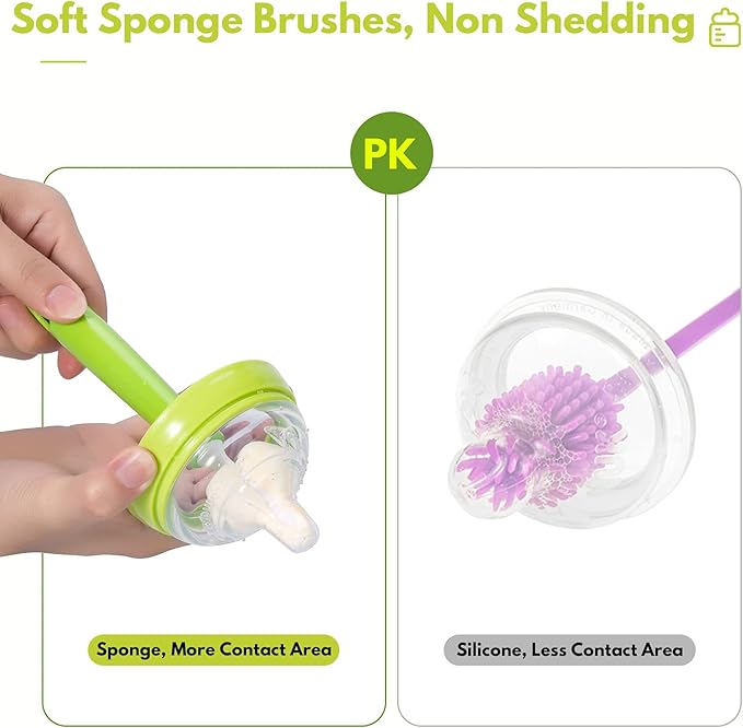 Carebabymore 8 Piece Sponge Nipple Bottle Brushes, Baby Bottle Brush with 3 Piece Nipple Cleaner, 3 Piece Replacement Heads and 2 Piece Straw Brushes, Green