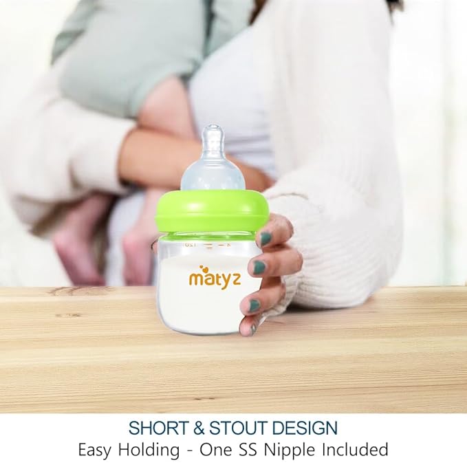 Matyz 2-Pack Glass Baby Breastfeeding Bottles with Caps (Green, 4Oz) - Wide Neck New Born Bottles for Baby Breastfeeding Bottles for 0-3 Months Babies - Glass Baby Bottles 4 Oz Breastfeeding Bottles