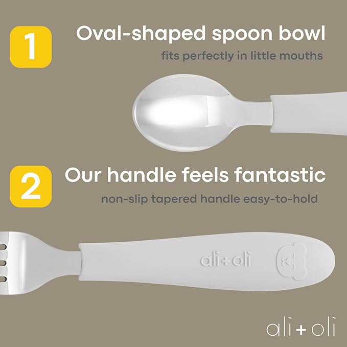 Ali+Oli Toddler Utensils Set (6 Pack) – Stainless Steel Kids Silverware with Soft Silicone Handles, BPA Free Baby Forks and Spoons, Durable Children Flatware Dishwasher Safe for Self Feeding (Bears)