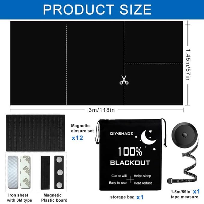 100% Blackout Blind Magnetic Window Cover 118 x 57Inch,No Drill,Cut Any Size/Shape,Portable Black Out Shades Curtains for Nursery Bedroom,Rv,Media Room with Magnetic Closure