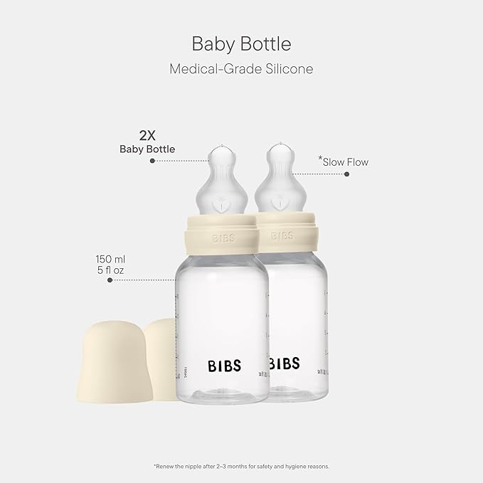 BIBS Baby Bottle 5 oz / 150 ml Silicone Nipple 2 Pack - Anti-Colic, BPA-Free, Round Nipple, Slow Flow, Lightweight & Easy to Clean, Suitable for Newborns 0+ Years - Ivory