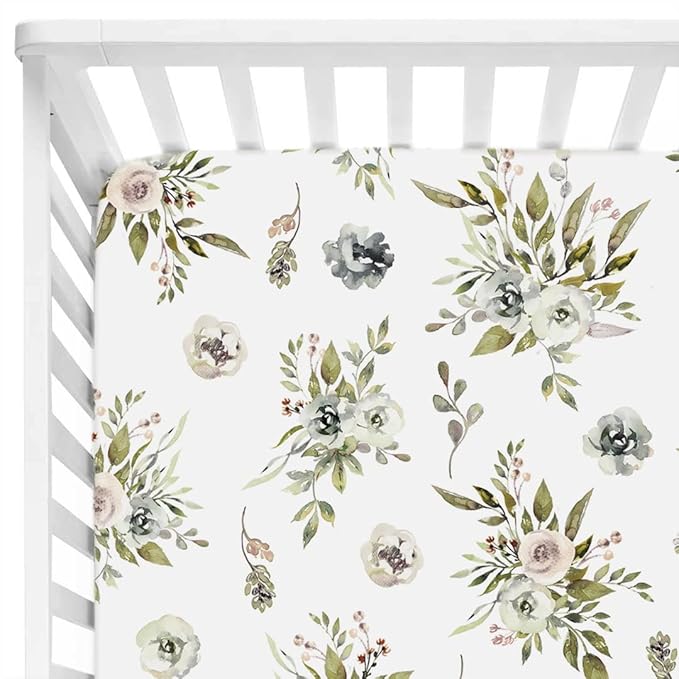 GRSSDER Stretchy Ultra Soft Jersey Knit Fitted Crib Sheets Set 2 Pack, Cozy Crib Sheet Fits All Standard Crib Mattress Pads, Stylish Watercolor Rose and Flora