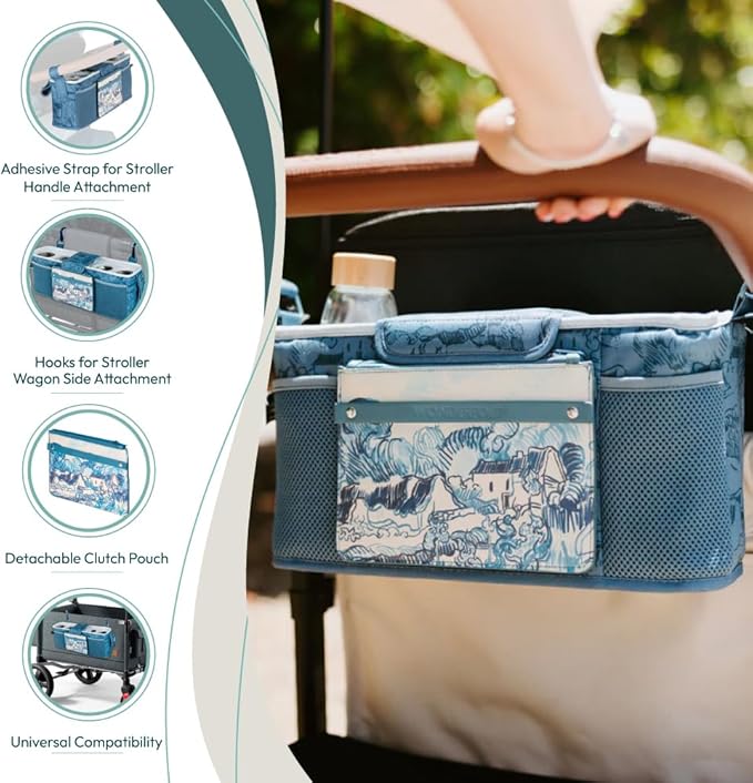 WONDERFOLD Universal Parent Console Stroller Organizer with Insulated Cup Holders, Hook & Loop Closure Handle Attachment, 2 Storage Pockets, Removable Shoulder Strap for Easy Transport
