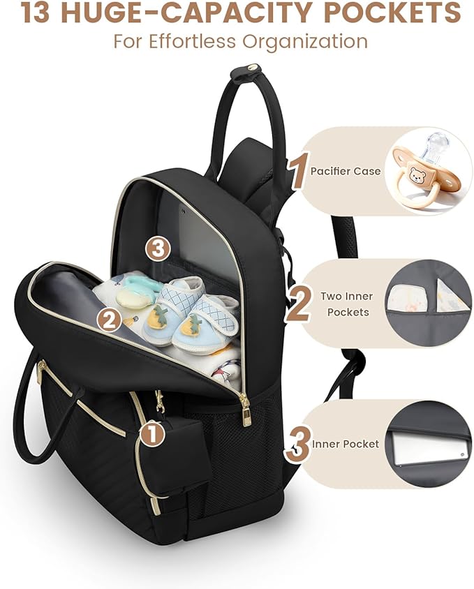 Diaper Bag Backpack,Baby Essentials Diapers Bag with Pacifier Case,Multipurpose Stylish Large Capacity Travel Backpack for Baby Girl/Boy(M-Black)