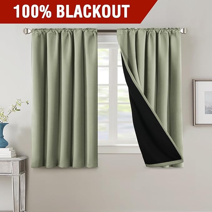 H.VERSAILTEX 100% Blackout Curtains for Bedroom with Black Liner Full Room Darkening Curtains 54 Inches Long Thermal Insulated Back Tab/Rod Pocket Window Drapes for Living Room, 2 Panels, Sage