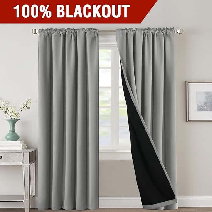 H.VERSAILTEX 100% Blackout Curtains for Bedroom with Black Liner Full Room Darkening Curtains 84 Inches Long Thermal Insulated Back Tab/Rod Pocket Window Drapes for Living Room, 2 Panels, Dove Grey