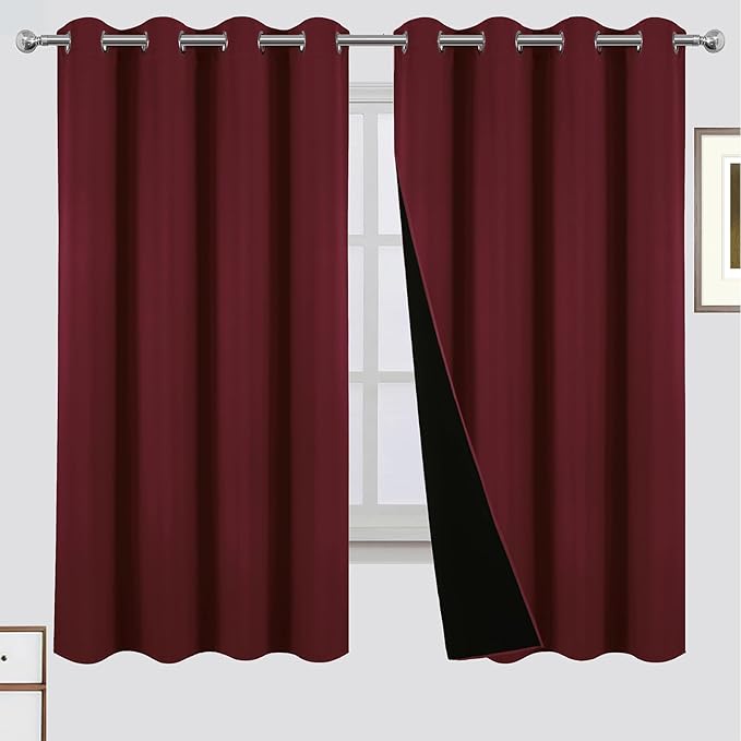 LEMOMO 100% Blackout Curtains 52 x 63 Inch Burgundy Red Curtains 2 Panels Darkening Thermal Insulated Bedroom Curtains