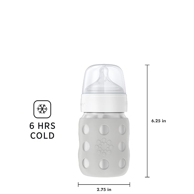 Lifefactory 8-Ounce Stainless-Steel Vacuum-Insulated Wide-Neck Baby Bottle with Stage 2 Nipple (3-6 Months) Stone Gray (LS2211WCG4)