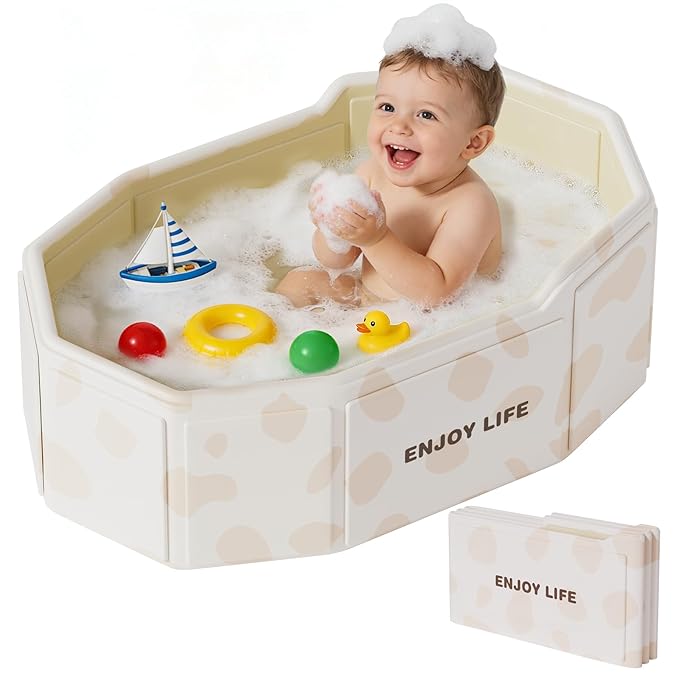 Collapsible Baby Bathtub for Shower, Portable Foldable Toddler Bath Tub with Non-Slip Base, Compact Travel Essentials for Kids & Infants, Easy Storage in Small Spaces, White