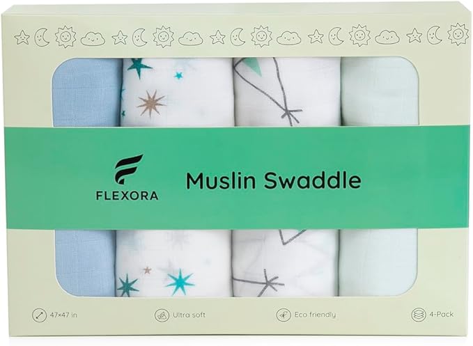 Muslin Swaddle Blankets for Baby Boys and Girls, 4-Pack Breathable and Skin-Friendly Receiving Blanket Wrap, Baby Essentials, Registry & Gift, 47 x 47 inches (Blue Sky)