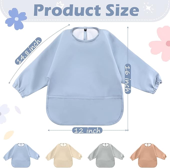 JaGely 4 Pack Long Sleeve Bibs Baby Smock Waterproof Sleeved Bids with Food Catcher for Baby Eating Feeding Ages 6-36 Months