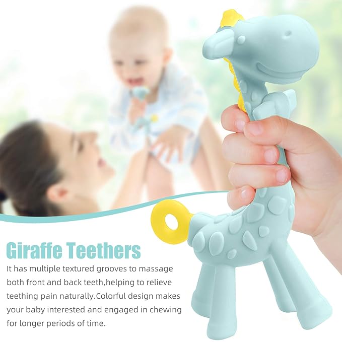 SHARE&CARE BPA Free Silicone Giraffe Baby Teether Toy with Storage Case, for 3 Months Above Infant Sore Gums Pain Relief and Baby Shower, Baby Teething Toys (Blue)