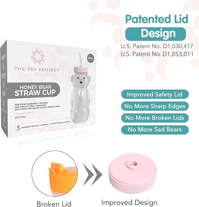 The 730 Project Honey Bear Straw Cup for Babies, 8-oz Honey Bear Cup with Lid, 3-Pack Therapy Learning Honeybear Straw, Baby Bottle Set, Cherry Blossom PINK