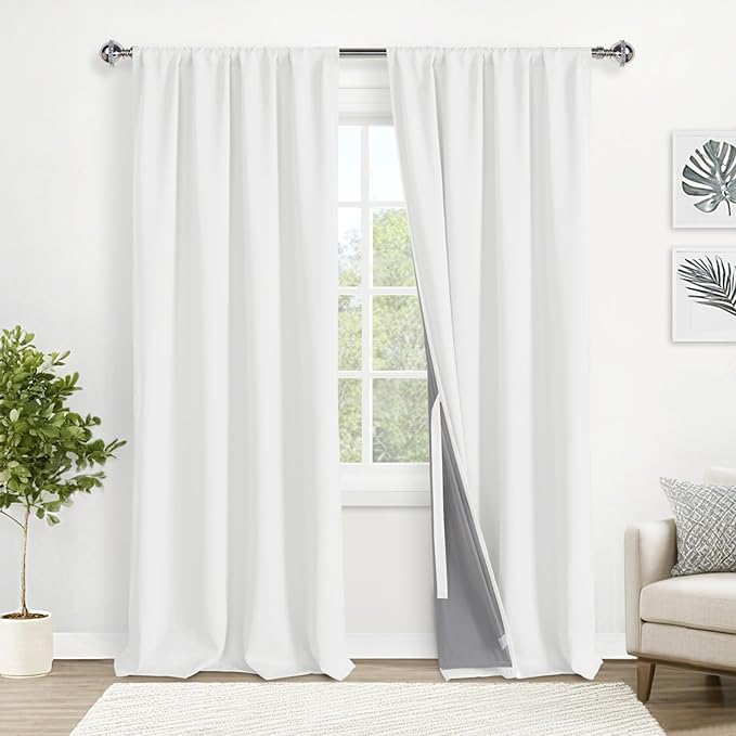 XWZO 100% Blackout Curtain Panels - Rod Pocket & Back Tab Thermal Insulated Black Liner Curtains, Noise Reducing and Heat Blocking Drapes for Hall and Studio with Tiebacks, Ivory, W52 x L95, Set of 2