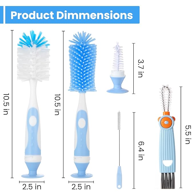 Ariseno 5-in-1 Baby Bottle Brush Set, Including Nylon and Silicone Bottle Brush, Bottle Cap, Straw and Nipple Cleaner, BPA-Free (Blue)