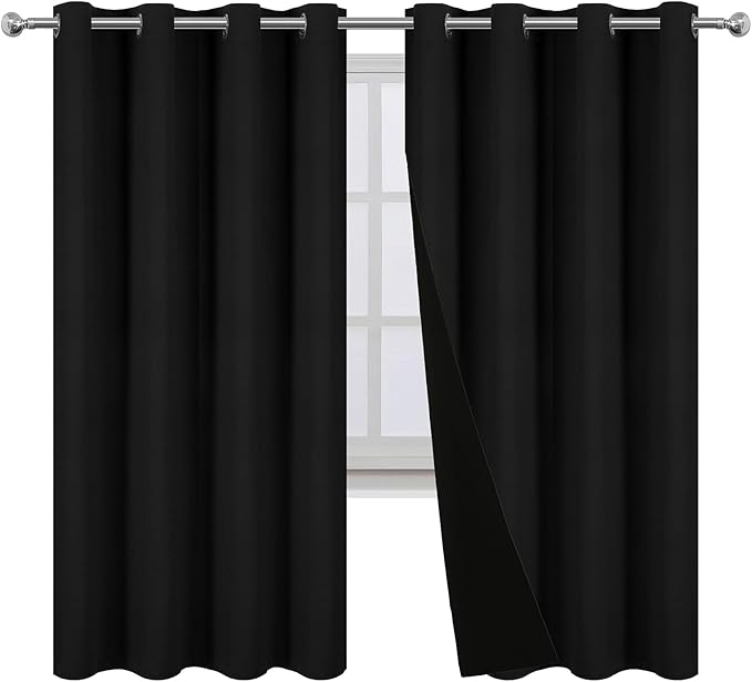 LEMOMO 100% Blackout Curtains 52 x 63 Inch Black Curtains 2 Panels Darkening Thermal Insulated Bedroom Curtains