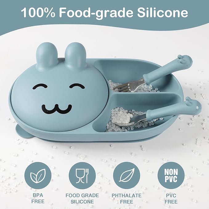 Silicone Baby Plate,Toddler plates,Self-feeding of infants after weaning, 100% Food Grade Silicone, BPA Free, Baby Dinnerware, Baby Plates With Suction, Divided Plate for Babies(blue)