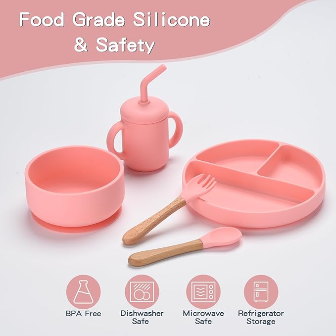 Silicone Baby Feeding Set - 13PCS Essentials With Suction Bowl, Plate, Spoons, Forks, Bib, Cup, Toothbrush - Led Weaning Supplies for 6+ Months Eating (Pink)