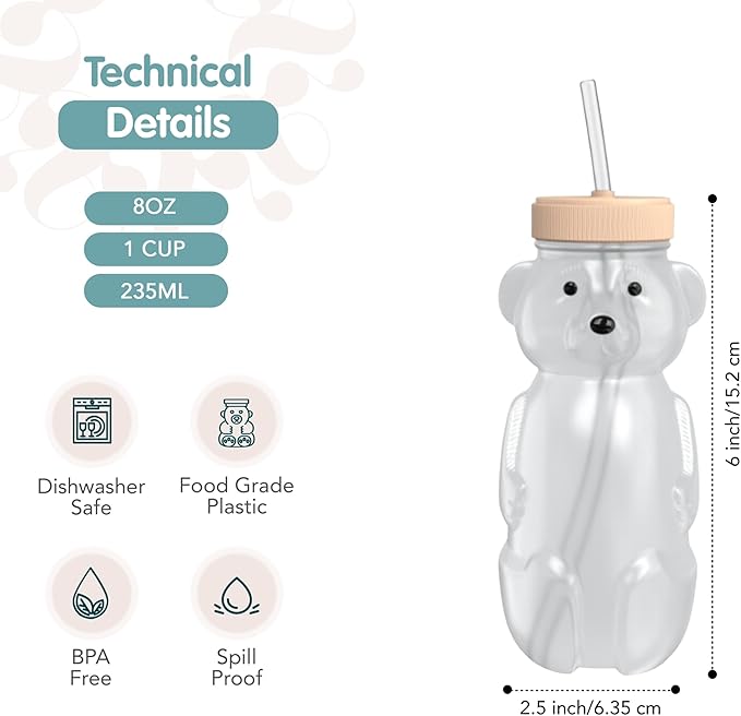 The 730 Project Honey Bear Straw Cup for Babies, 8-oz Honey Bear Cup with Lid, 3-Pack Therapy Learning Honeybear Straw, Baby Bottle Set, Creamsicle PEACH