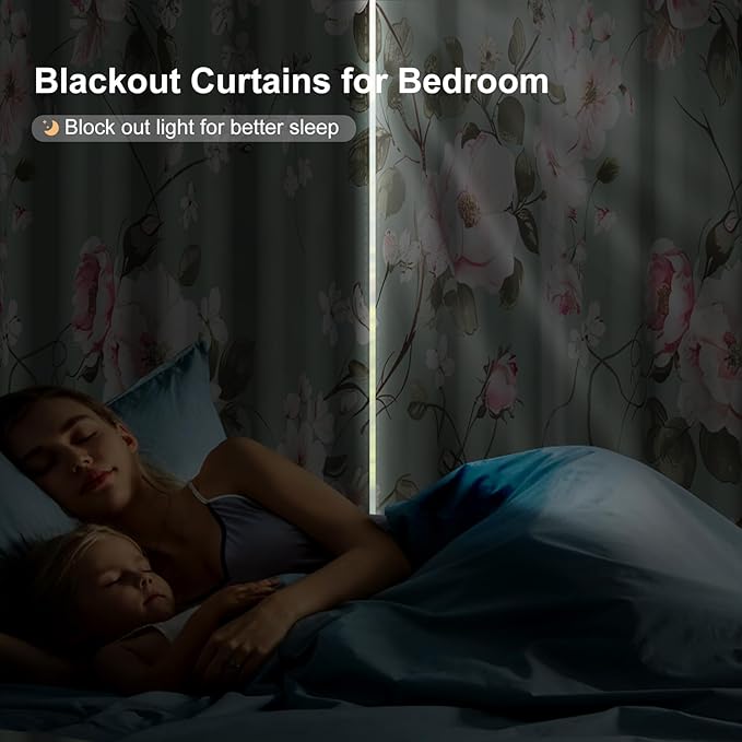 Blackout Curtains for Girls Bedroom, Pink Floral Room Darkening Curtains 84 Inch Length 2 Panels Set, Grommet Thermal Insulated Soundproof Privacy Winter Black Out Curtains for Living Room