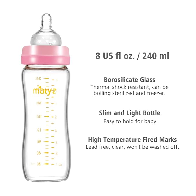 Matyz Glass Breastmilk Baby Feeding Bottle with Nipple, 4 Pack, 8 oz Slim and Light Bottle Easy to Hold, Food Grade Borosilicate Glass, Wide Neck Easy to Clean, No BPA (Pink Lids)