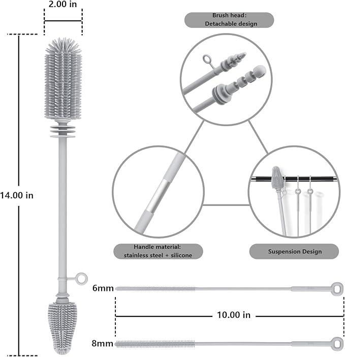 Silicone Bottle Brush and Straw Cleaner Set,Water Bottle Brush Double-Headed,Straw Brush Silicone,Bottle Cleaner Brush for Thermoses and Sports/Water Bottles/Dish/Cup (Grey)