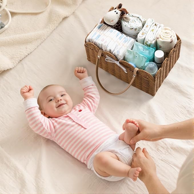 HBlife Baby Diaper Caddy Organizer, Portable Scalloped Plastic Wicker Woven Basket with Divider, Nursery Diaper Station, Baby Shower Gifts Basket, Car Organizer, Washable Waterproof