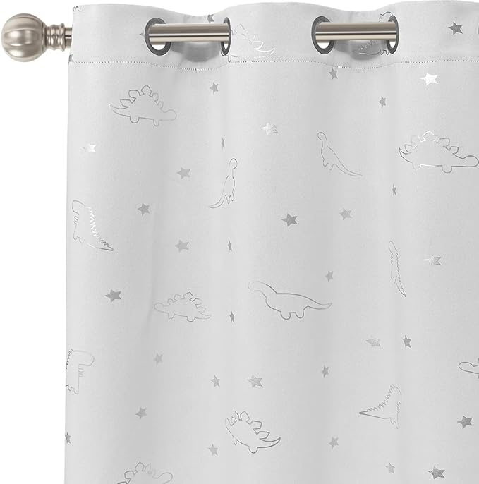 LORDTEX Dinosaur and Star Foil Print Blackout Curtains for Kids Room - Thermal Insulated Curtains Noise Reducing Window Drapes for Boys and Girls Bedroom, 42 x 63 Inch, White, Set of 2 Panels
