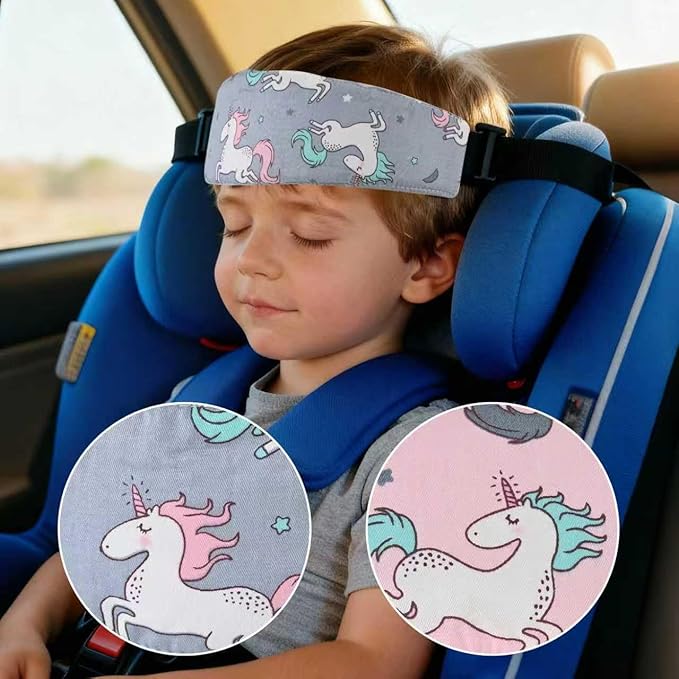Fantasy Unicorn Baby Car Seat Head Support Strap, Pink & Grey, Cotton, 2 Pack, Adjustable Headrest Band for Stroller, Infant to Toddler