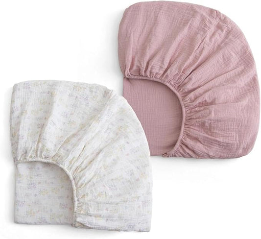 Muslin Crib Sheets for Girl Boy, 100% Cotton Neutral Baby Crib Sheets Fitted for Standard Crib Mattress, Soft and Breathable - 28"x 52", 2 Pack (Blossom, Pink)