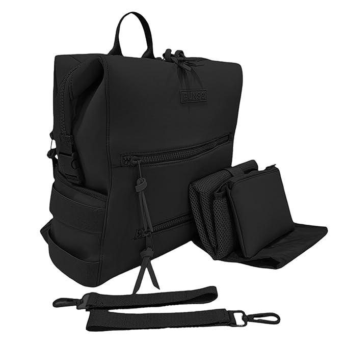 Neoprene Diaper Bag, Minimalist Backpack Diaper Bag with Pouch, Changing Pad, and Stroller Straps, Water Resistant and Lightweight Dad Diaper Bag, Diaper Bag Backpack, Black
