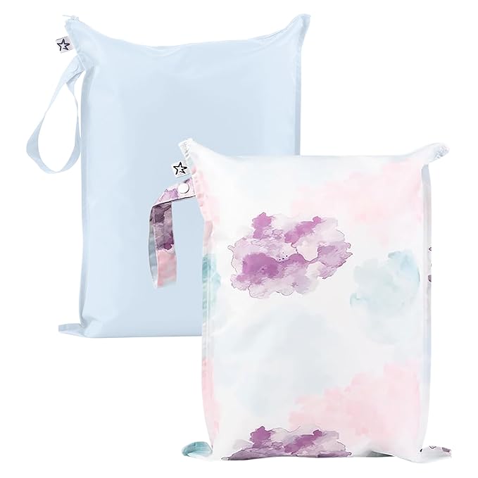 Tiny Twinkle Mess Proof Wet Bags | 2-Pack Reusable Waterproof Wet Bags for Swimsuits | Baby Clothes | Travel & Diaper Bag (Cotton Candy)