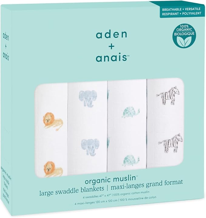 aden + anais Boutique Organic Swaddle Blanket 4-Pack – 100% Organic Cotton Muslin, Large, Soft, Breathable Receiving Blankets for Infants – Lightweight Multi-Use Baby Swaddles, Animal Kingdom