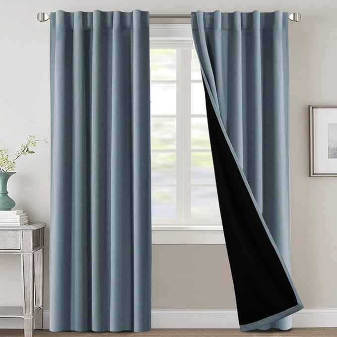 H.VERSAILTEX 100% Blackout Curtains for Bedroom with Black Liner Full Room Darkening Curtains Thermal Insulated Back Tab/Rod Pocket Window Drapes for Living Room, 2 Panels, 42 x 84 Inch, Stone Blue