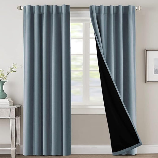 H.VERSAILTEX 100% Blackout Curtains for Bedroom with Black Liner Full Room Darkening Curtains Thermal Insulated Back Tab/Rod Pocket Window Drapes for Living Room, 2 Panels, 42 x 84 Inch, Stone Blue