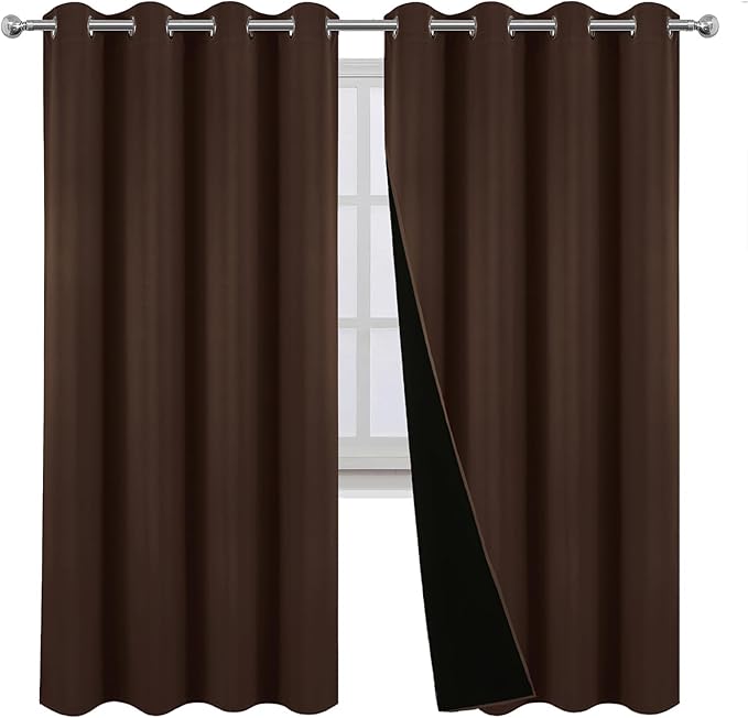 LEMOMO 100% Blackout Curtains 52 x 72 Inch Chocolate Brown Curtains 2 Panels Darkening Thermal Insulated Bedroom Curtains