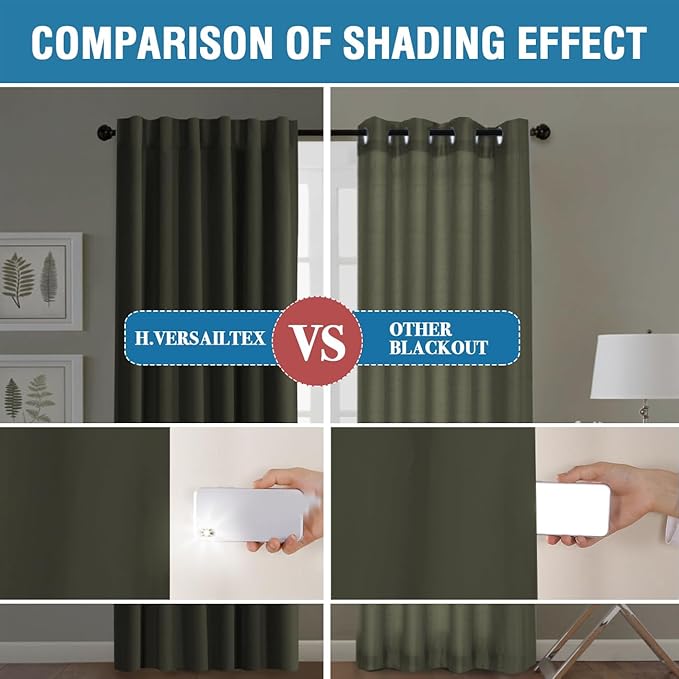 H.VERSAILTEX 100% Blackout Curtains for Bedroom with Black Liner Full Room Darkening Curtain 63 Inch Long Thermal Insulated Back Tab/Rod Pocket Window Drapes for Living Room, 2 Panels, Olive
