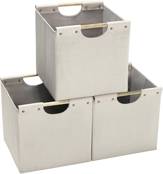 HOONEX Collapsible Storage Bins, 13x13x13in Storage Cubes Linen Fabric, 3 Pack, Storage Baskets with Wooden Carry Handles and Sturdy Heavy Cardboard, for Home, Office, Car, Nursery, Beige