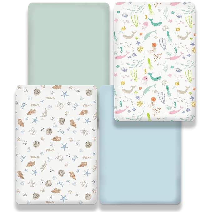 Little Grape Land Mini Crib Sheets 4 Pack, Pack n Play Sheets Fitted 38 x 26 for Boys and Girls, Pack and Play Sheets Compatible with Graco Pack n Play Playard, Pastel Meadow
