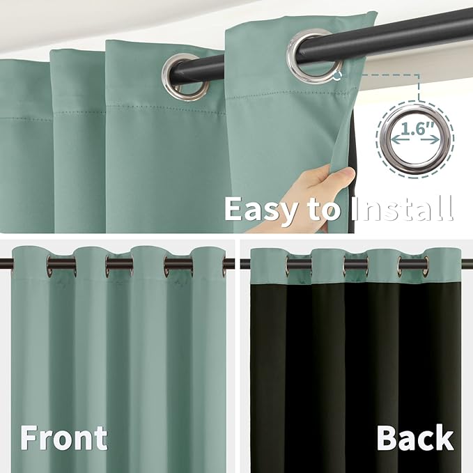 BGment Thermal Insulated 100% Blackout Curtains for Bedroom with Black Liner, Double Layer Full Room Darkening Noise Reducing Grommet Curtain (52 x 90 Inch, Frosty Green, 2 Panels)