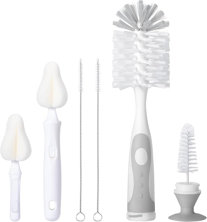 CAREBABYMORE Baby Bottle Brush Set with Nipple Cleaner and Suction, 10.2" Cleaning Brush and 6.5" Sponge Bottle Brush with A Replacement Brush Head and Two 6.7" Straw Brushes, Pack of 5 (Gray)