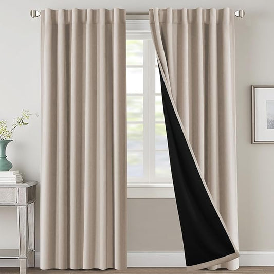 H.VERSAILTEX 100% Blackout Curtains for Bedroom with Black Liner Full Room Darkening Curtain 96 Inch Long Thermal Insulated Back Tab/Rod Pocket Window Drapes for Living Room, 2 Panels, Natural