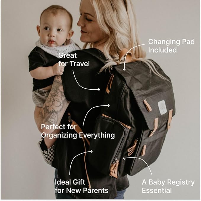 Parker Baby Co. Diaper Backpack - Large Diaper Bag with Insulated Pockets, Stroller Straps and Changing Pad -Birch Bag - Black