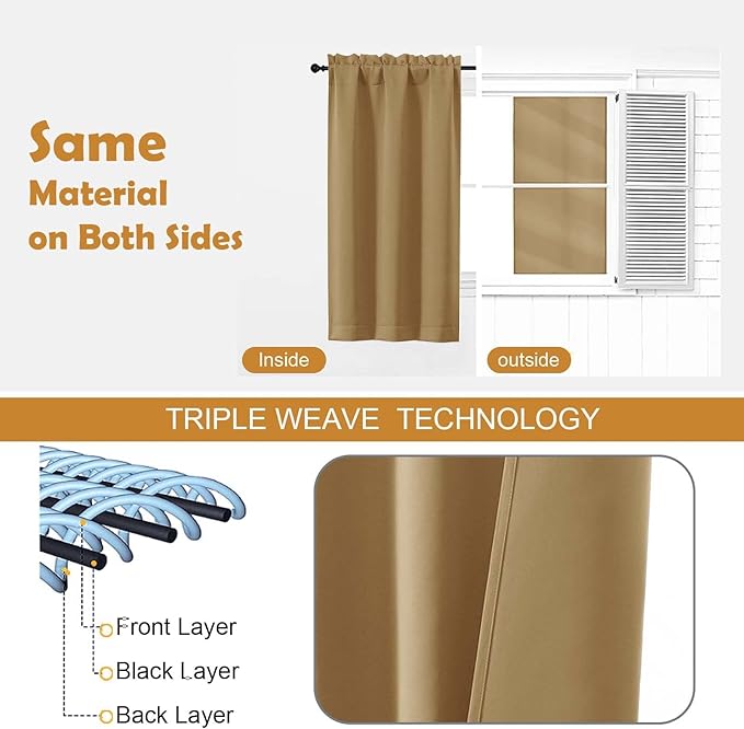 Aiyufeng Gold Short Blackout Curtains for Bedroom 45 Inches Long 2 Panels Set, Solid Thermal Insulated, Energy Saving Window Treatment Curtains Blackout Drapes, W40 x L45 Inch, Gold
