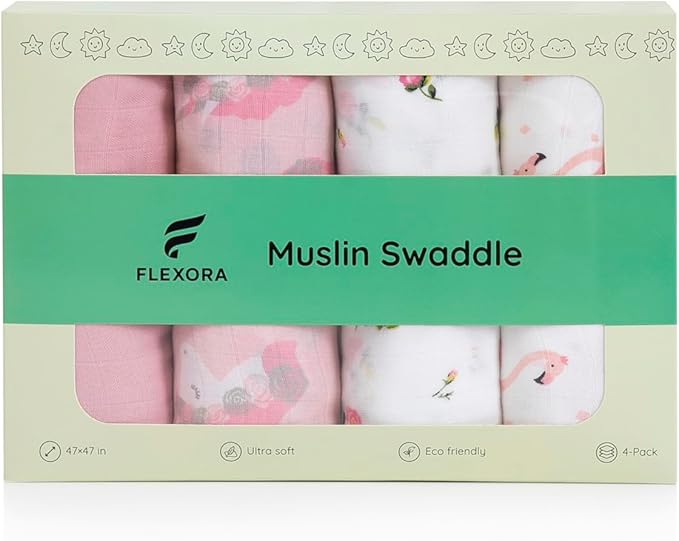 Muslin Swaddle Blankets for Baby Boys and Girls, 4-Pack Breathable and Skin-Friendly Receiving Blanket Wrap, Baby Essentials, Registry & Gift, 47 x 47 inches (Pink Dreams)